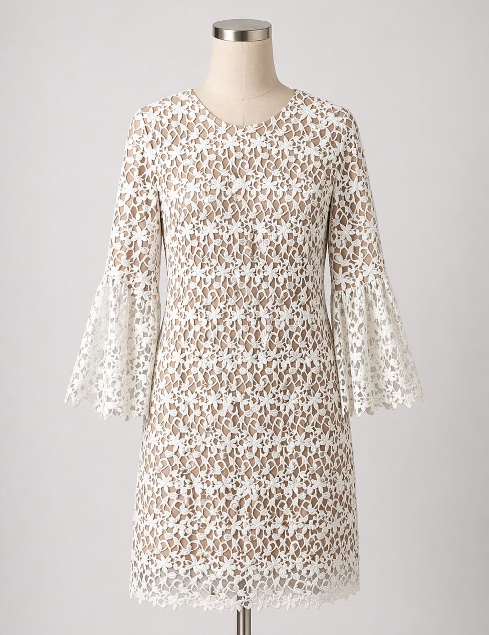 Dress the Population White Lace Crochet Shift Dress Bell Sleeves